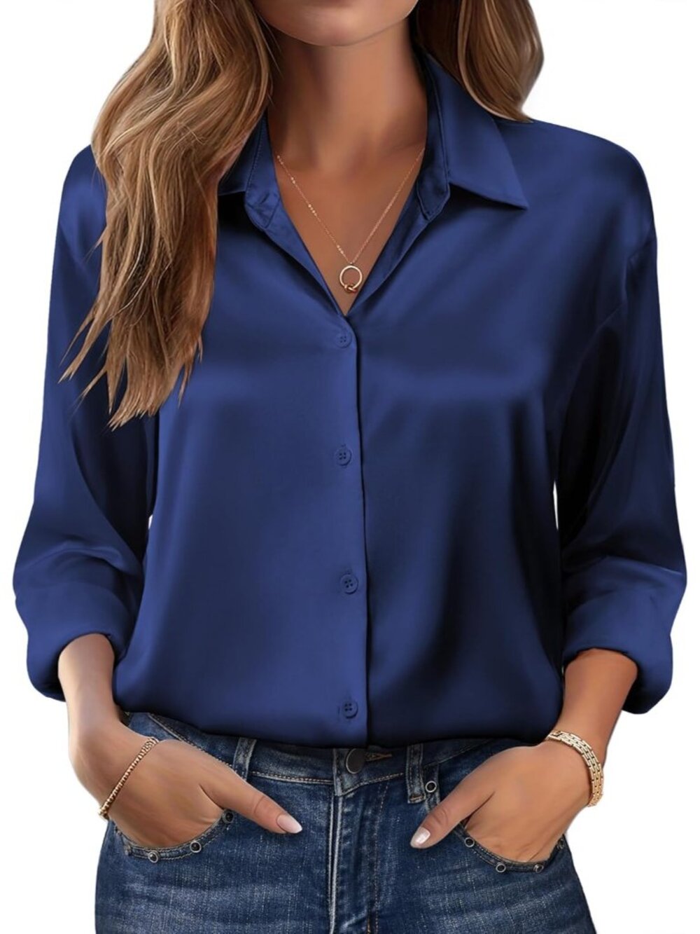 Women's Navy Blue Long Sleeve Satin Silk Button Down Casual Blouses Top T-Shirt
